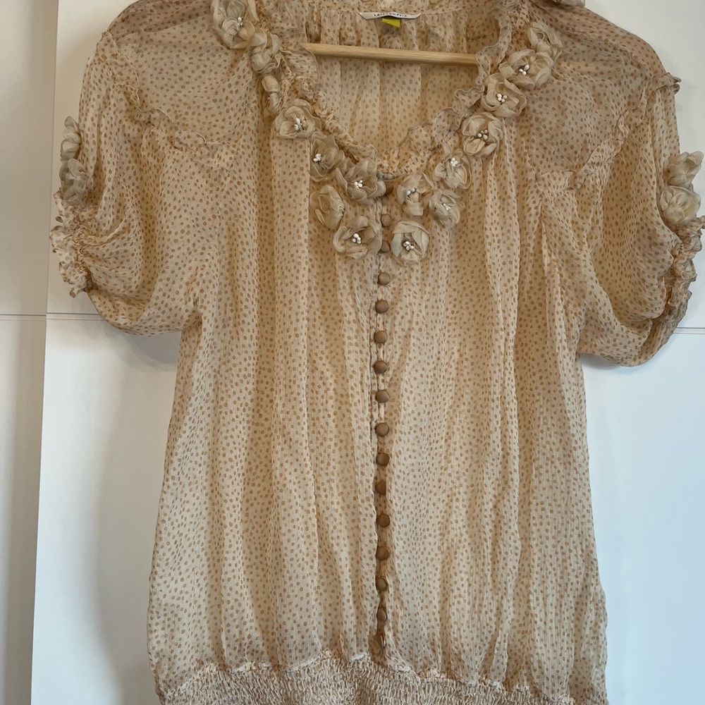 leifsdottir Sheer Beige Floral Appliqué Button-Front Blouse